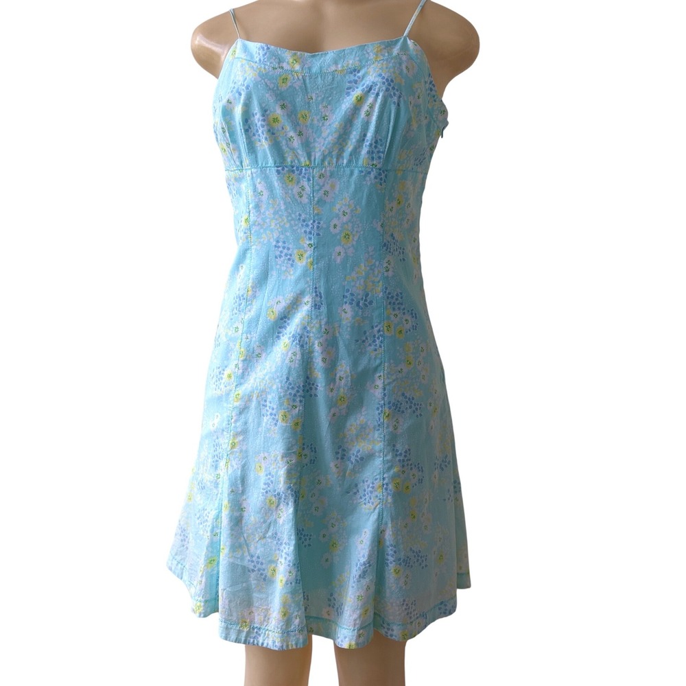 Express Size 8 Aqua Blue Floral Cotton Fit & Flare Sundress Spaghetti Strap